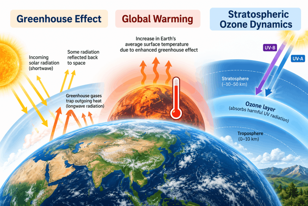 Greenhouse Effect, Global Warming, and Stratospheric Ozone Dynamics